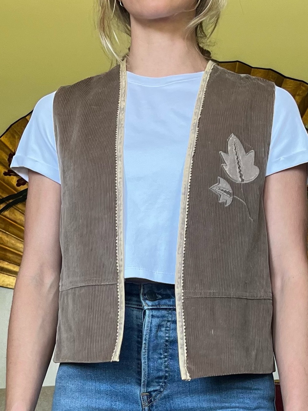 Vintage Brown Corduroy Vest with Leaf Appliqué